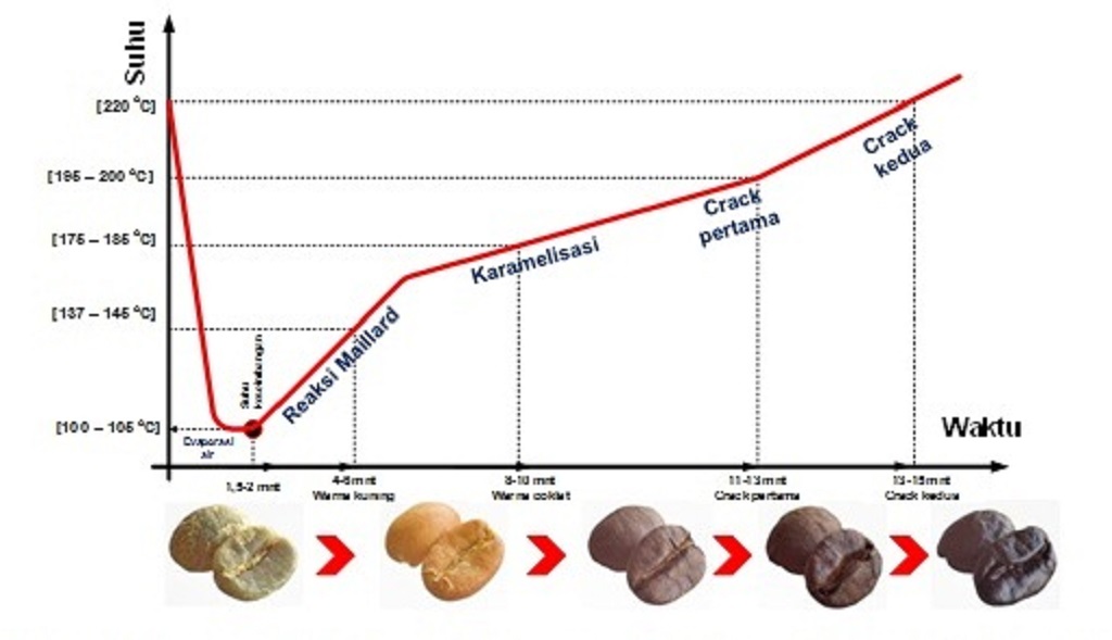 Grafik suhu dan waktu penyangraian biji kopi.